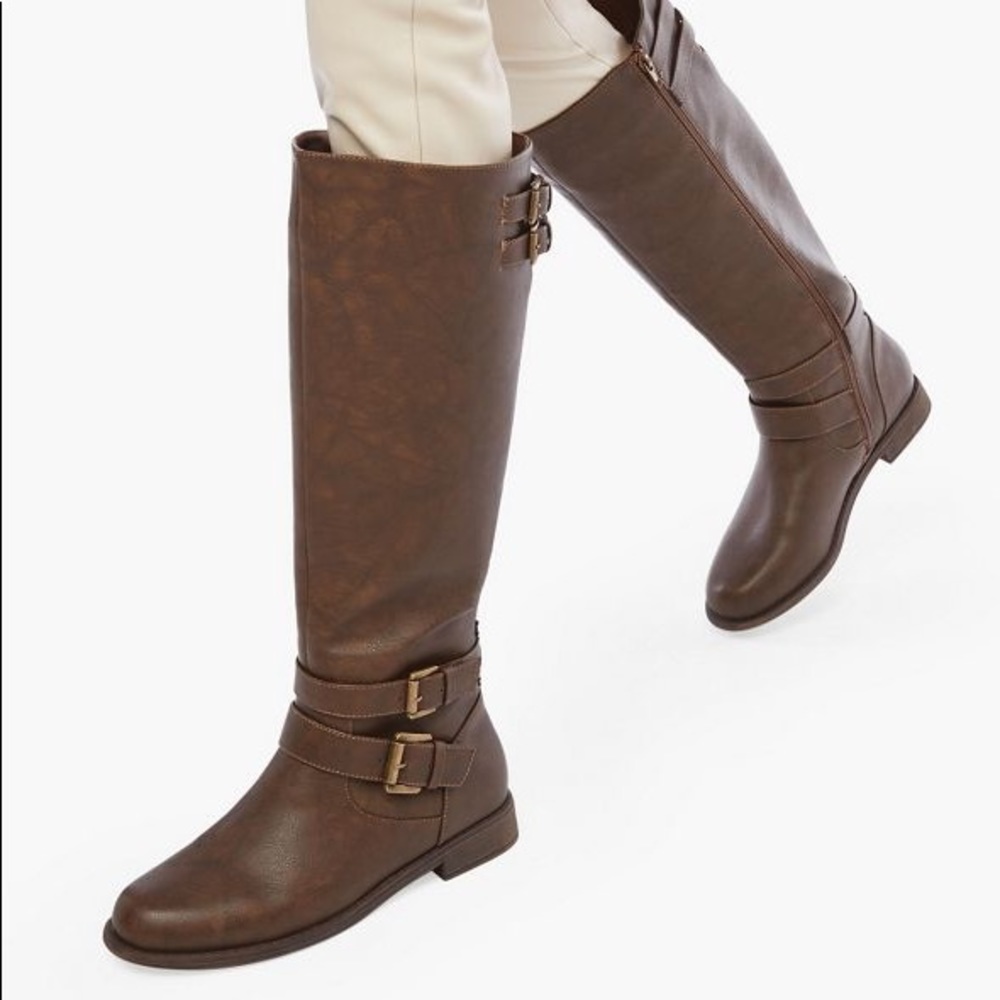 JustFab Hally buckle knee high boot 11 brown